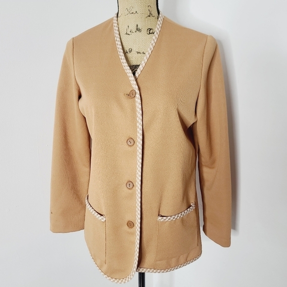 Vintage 60s 70s Mid Century Brown Houndstooth Trim Jacket Mod Retro - Picture 1 of 13